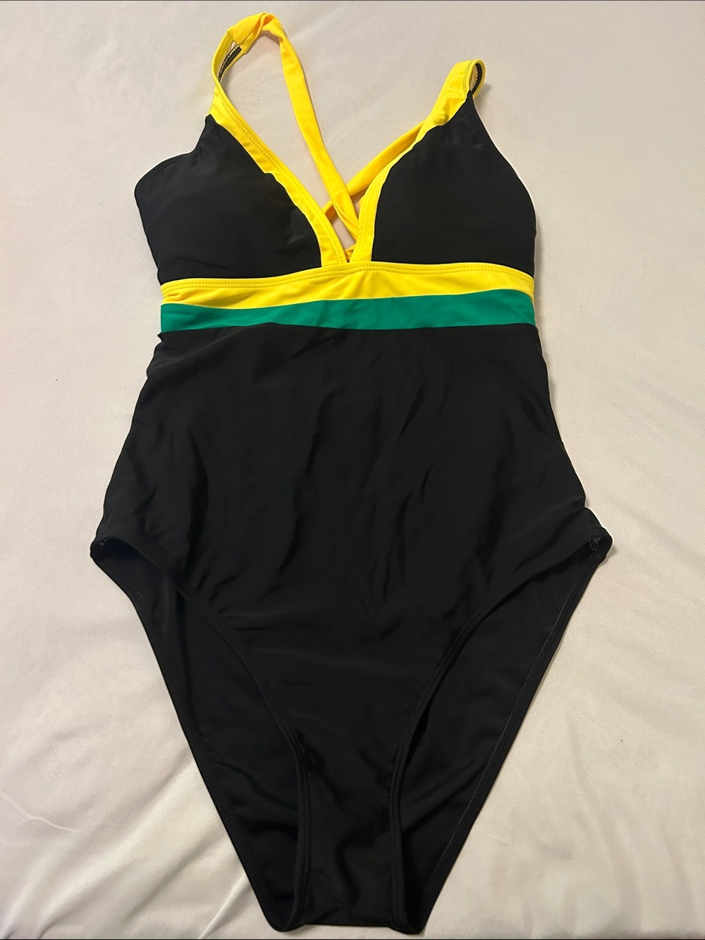 Women’s Black One-Piece Swimsuit with Yellow & Green Trim